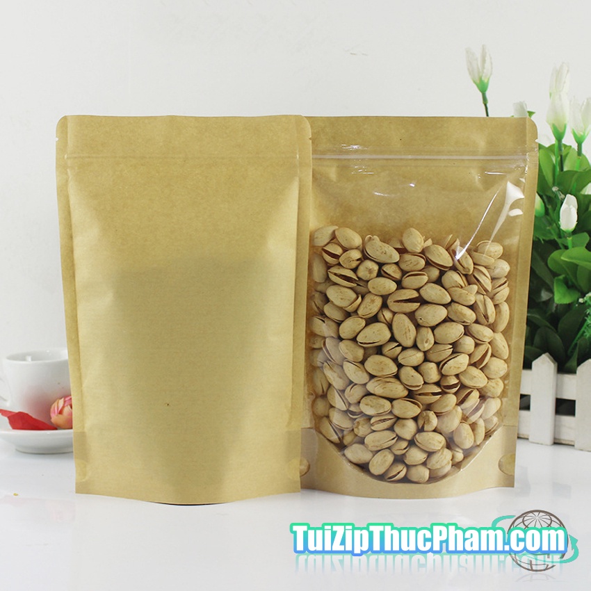 100 cái túi zipper size 09x14cm túi zip giấy kraft vàng 1 mặt trong suốt, túi zipper chất lượng cao, mẫu 04