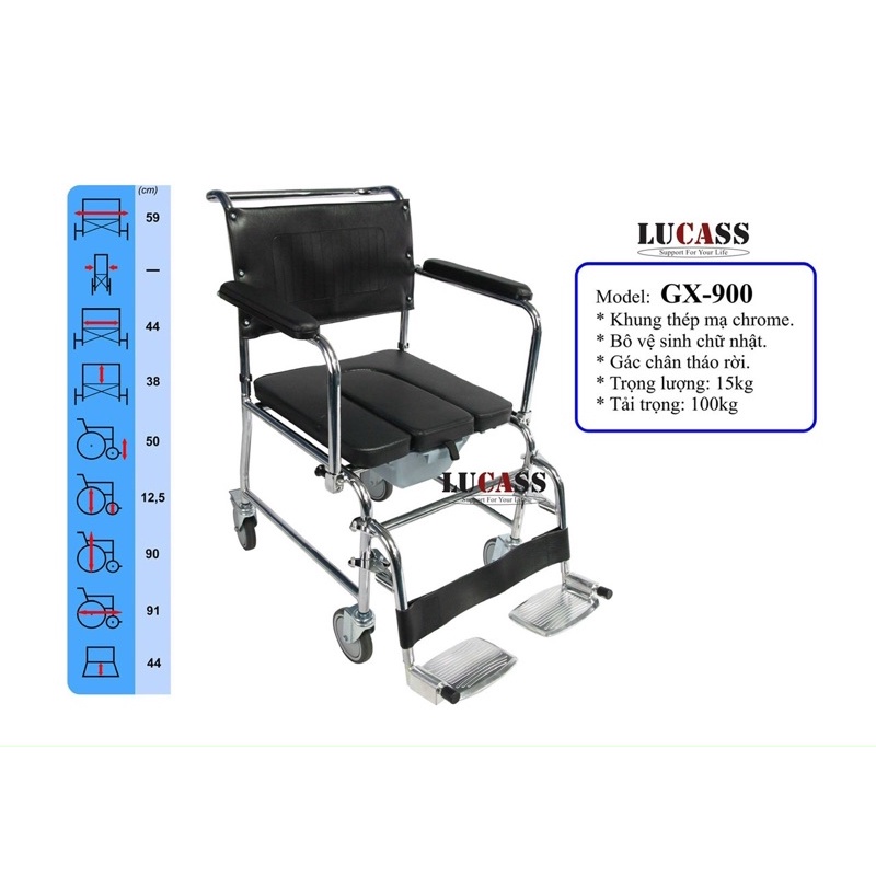 ✅ Ghế Bô Ghế Tắm Vệ Sinh đa chức năng Lucass GX-900 Có Đệm, Bánh Xe, Chỗ Gác Chân - Dùng Như 1 Chiếc Xe Lăn Đẩy Đơn Giản