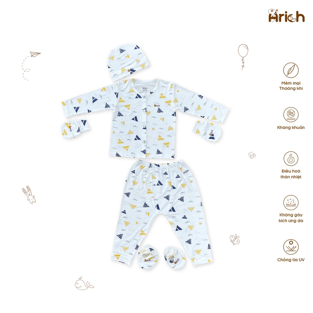 Bộ sơ sinh Arich cho bé gồm: áo quần - 1 đôi bao tay - 1 đôi bao chân - 1 nón