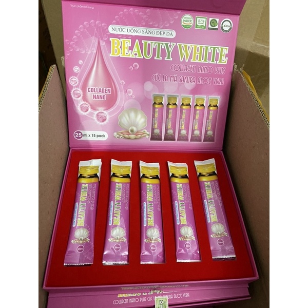 Nước uống sáng đẹp da BEAUTY WHITE COLLAGEN NANO PLUS Cúc la mã Sakura Aloe vera - Hộp 15 túi x 25ml