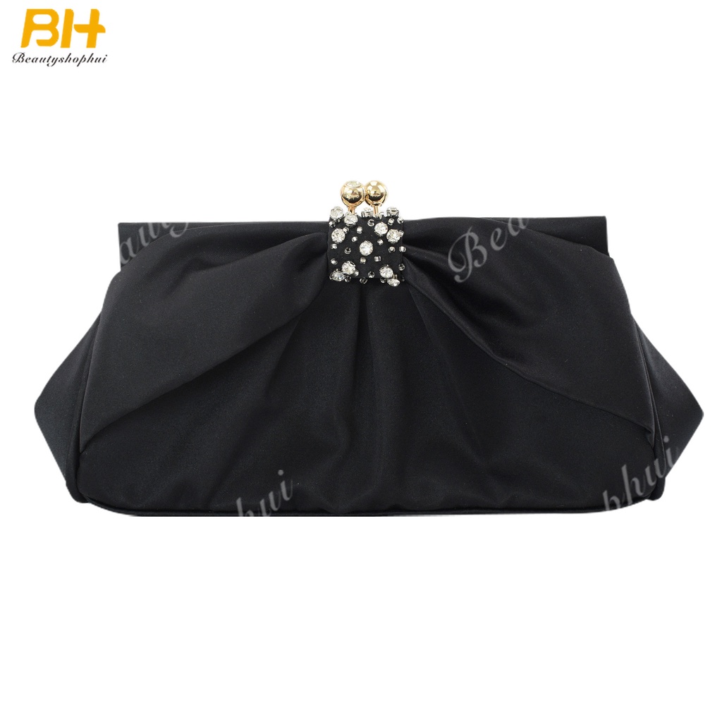 Túi Xách Đeo Vai Satin Nhăn Màu Trơn Đính Nơ Kim Cương Kim Cương Kiểu Âu Mỹ Dự Tiệc Tối Mới Cho Nữ