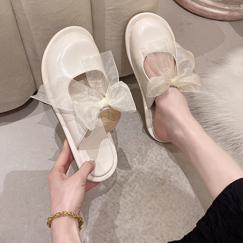 Dép lê IELGY đế phẳng bít mũi đính nơ hở phân nửa dành cho nữ