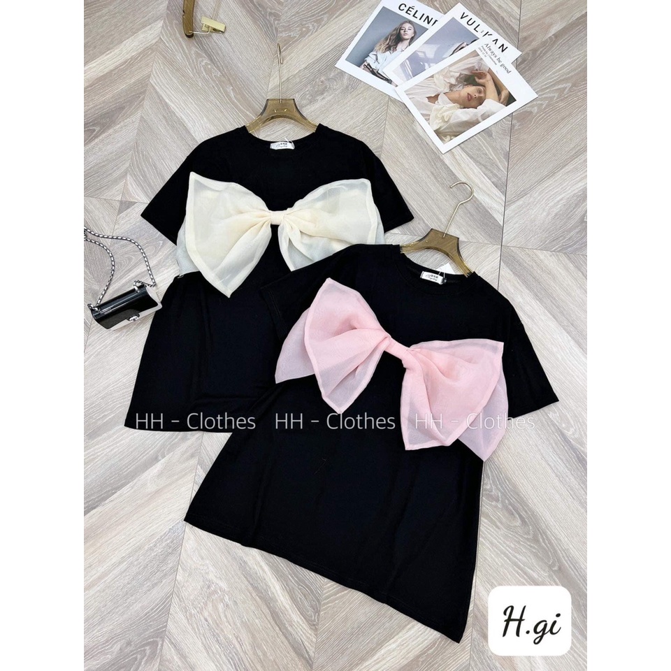 Áo Thun Nơ To Trước Ngực Cực Đẹp 2 Màu Chất Bo Tăm Form Rộng Dáng Dấu Quần