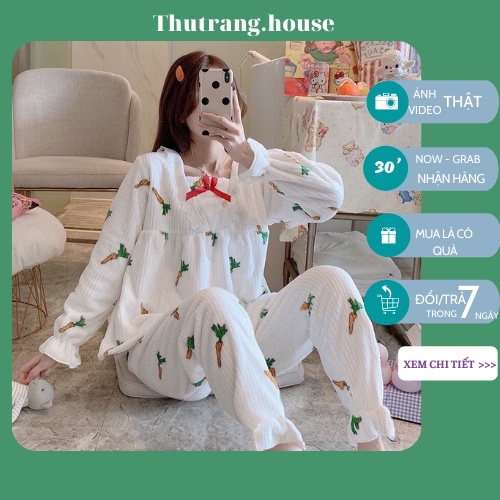 Bộ pijama tay dài mặc nhà chất dày hoạ tiết dễ thương siêu xinh