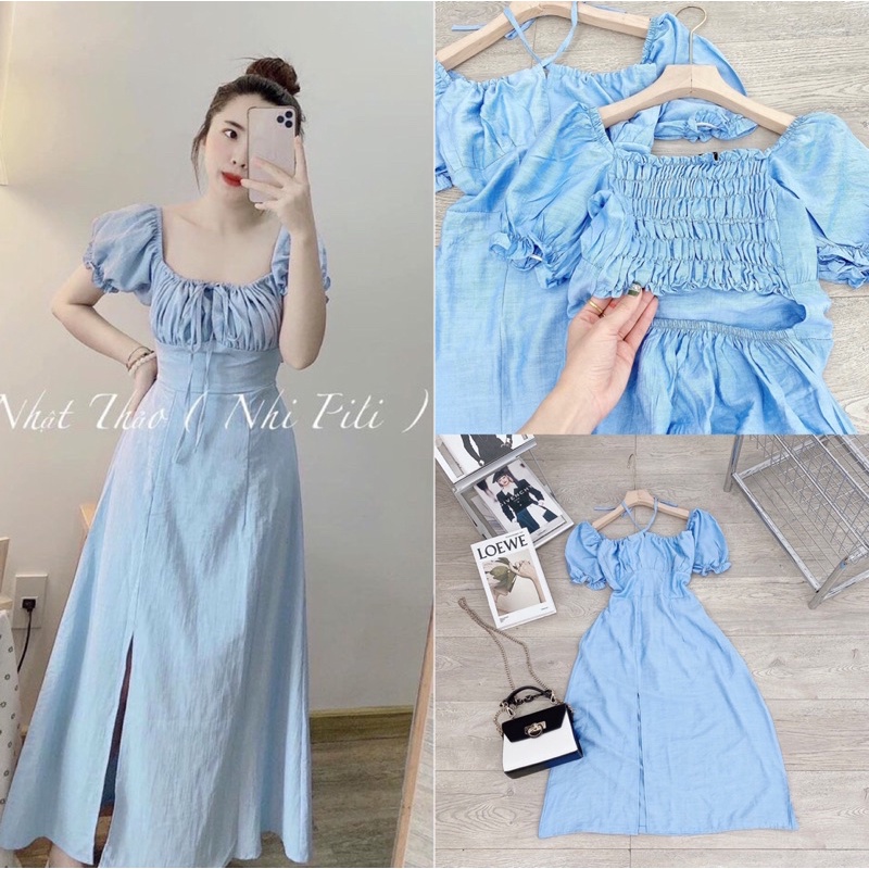 Váy đầm nữ cộc tay dáng maxi đũi xước xanh dương xẻ tà chun lưng đi biển freesize dáng A nhún ngực cut out