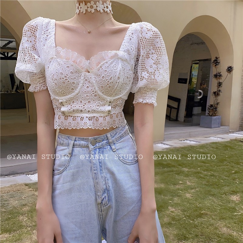 JANE'S Áo croptop cổ vuông tay phồng  tiểu thư  CHẤT VOAN LƯỚI QUYẾN RŨ cực hot hit thời thượng T2