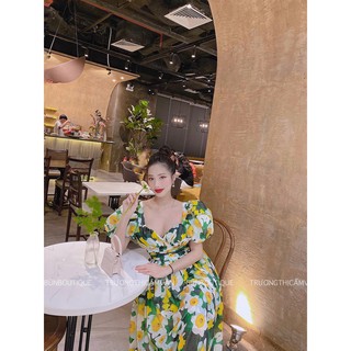 Váy maxi hoa cổ v tay bồng chiết eo xinh xắn