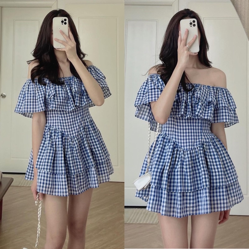 [Ảnh thật/Video]Đầm kẻ trễ vai bồng bềnh thiết kế ôm eo siêu tôn dáng Váy tiểu thư sang chảnh