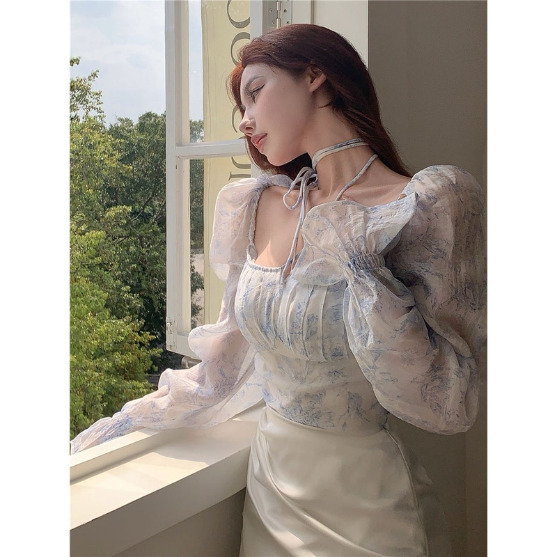 Áo chiffon Trễ Vai Họa Tiết Hoa + Chân Váy Lưng Cao Màu Trắng / Xanh Dương Chất Liệu satin Cao Cấp Thời Trang