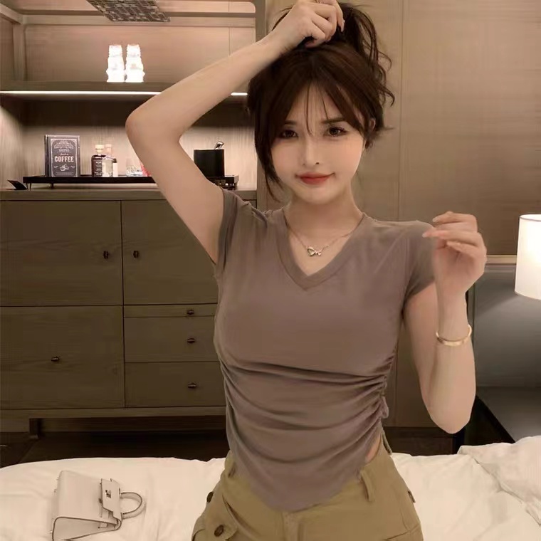 【WANG JIAO ZHAN】 Áo croptop thun tay ngắn cổ chữ V màu trơn đơn giản thời trang cho nữ【9901】