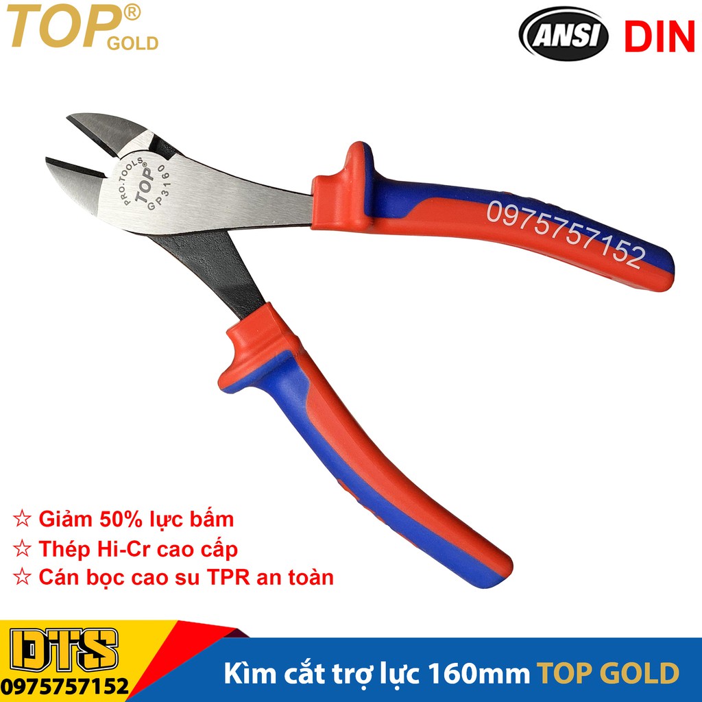 Kìm cắt trợ lực chuyên nghiệp TOP GOLD 160mm, cắt dây PIANO, thép Hi-Cr cao cấp, thiết kế cộng lực tiết kiệm 50% lực bấm