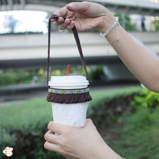 Quai vải dân tộc hoạ tiết thổ cẩm viền tua rua nâu đậm/ Quai xách ly giữ nhiệt, ly trà sữa/ Eco friendly cupholder
