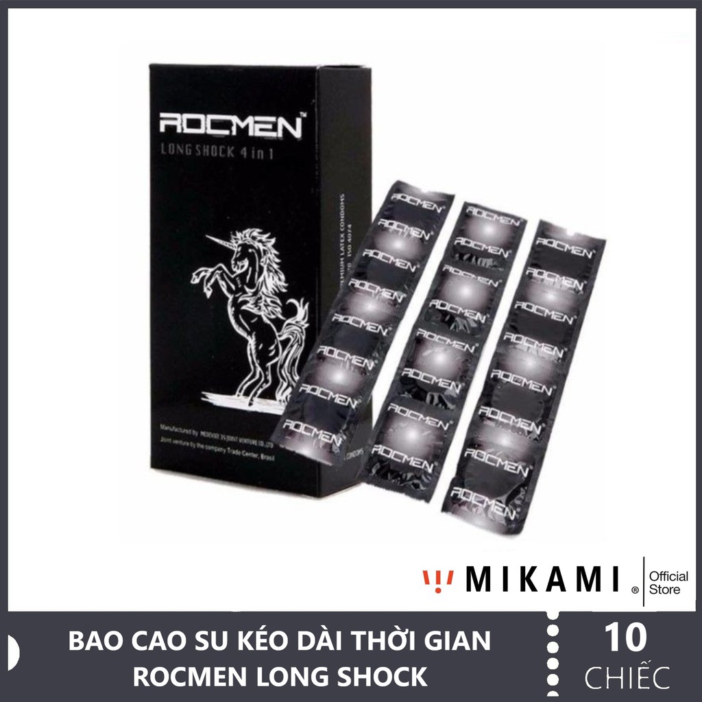 Bao cao su kéo dài thời gian quan hệ ROCMEN LONG SHOCK 4 IN 1, bcs gân gai, hộp 12 bcs