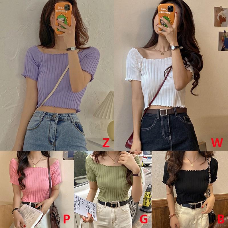 Áo Croptop Dệt Kim Tay Ngắn Trễ Vai Màu Trơn Xinh Xắn Cho Nữ