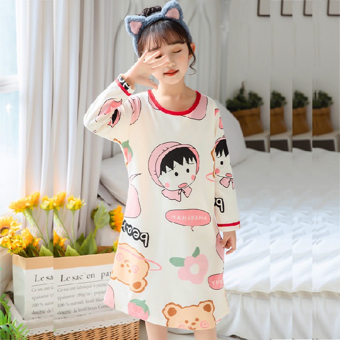 Đầm Ngủ Cotton Tay Dài Dễ Thương Cho Bé Gái