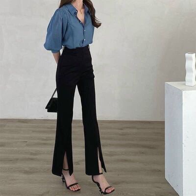 Quần loe xẻ gấu chất tuyết mưa 1 khuy