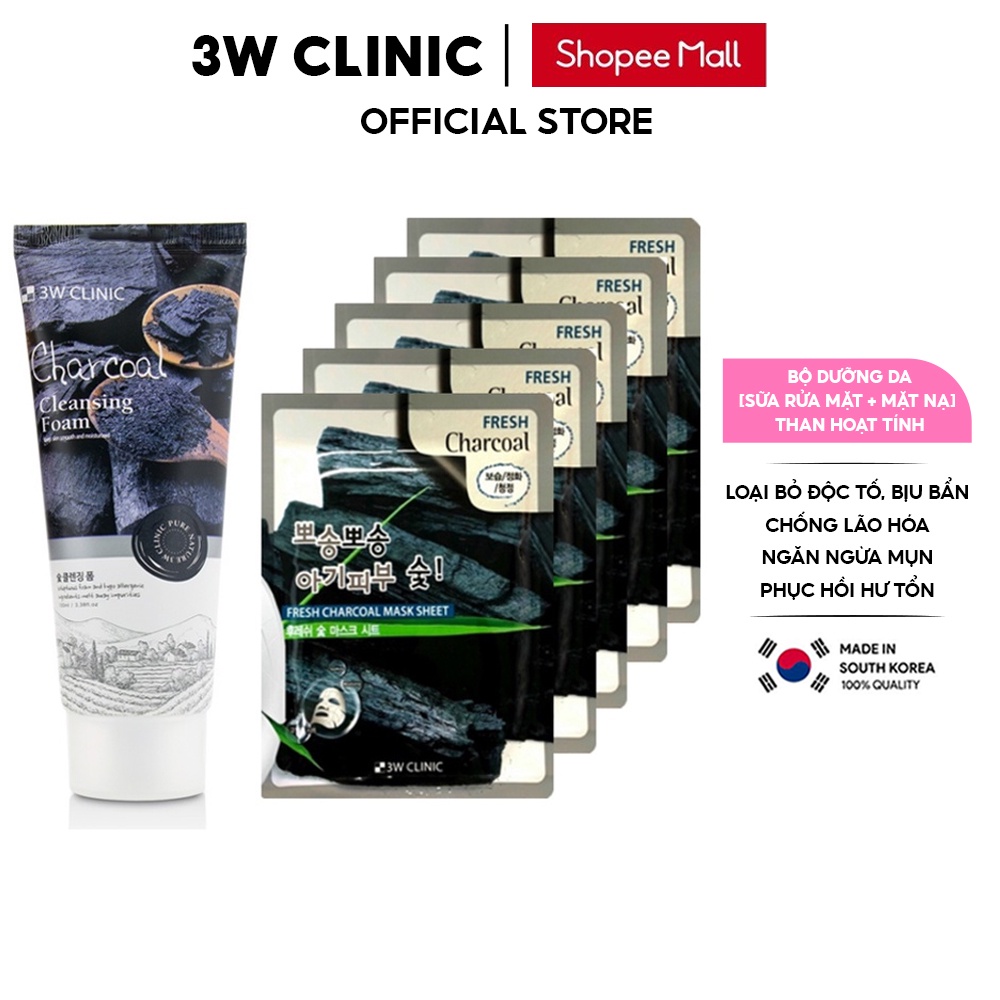 Bộ dưỡng da sữa rửa mặt & mặt nạ chiết xuất Than Hoạt Tính 3W Clinic Hàn Quốc sạch sâu thải độc & ngừa mụn
