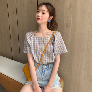 Áo sơ mi kẻ sọc cổ vuông tay ngắn [ORDER]