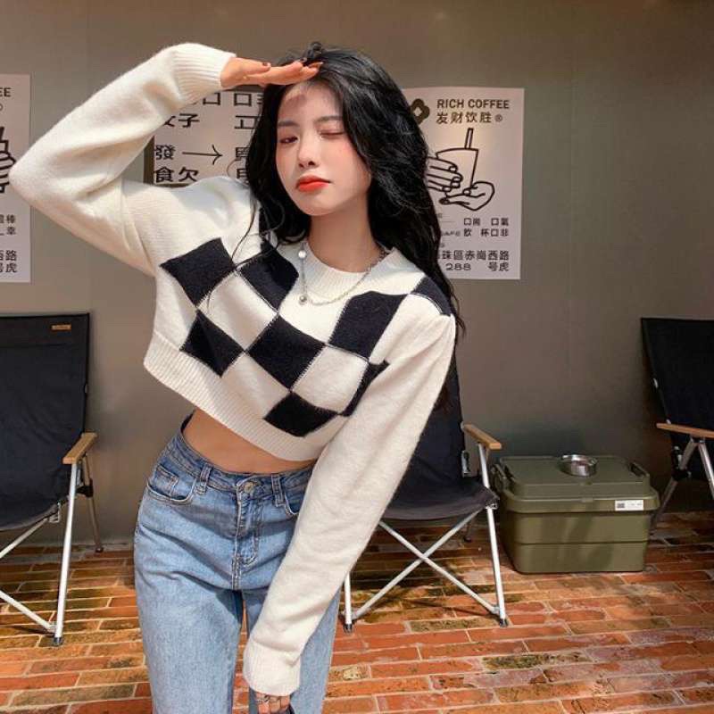 Áo len croptop dệt kim tay dài cổ tròn kẻ sọc caro sang trọng phong cách Hàn Quốc thời trang cho nữ | BigBuy360 - bigbuy360.vn
