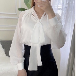 Áo sơ mi công sở lụa sang chảnh - Áo sơ mi nữ lụa trắng phối tay tơ