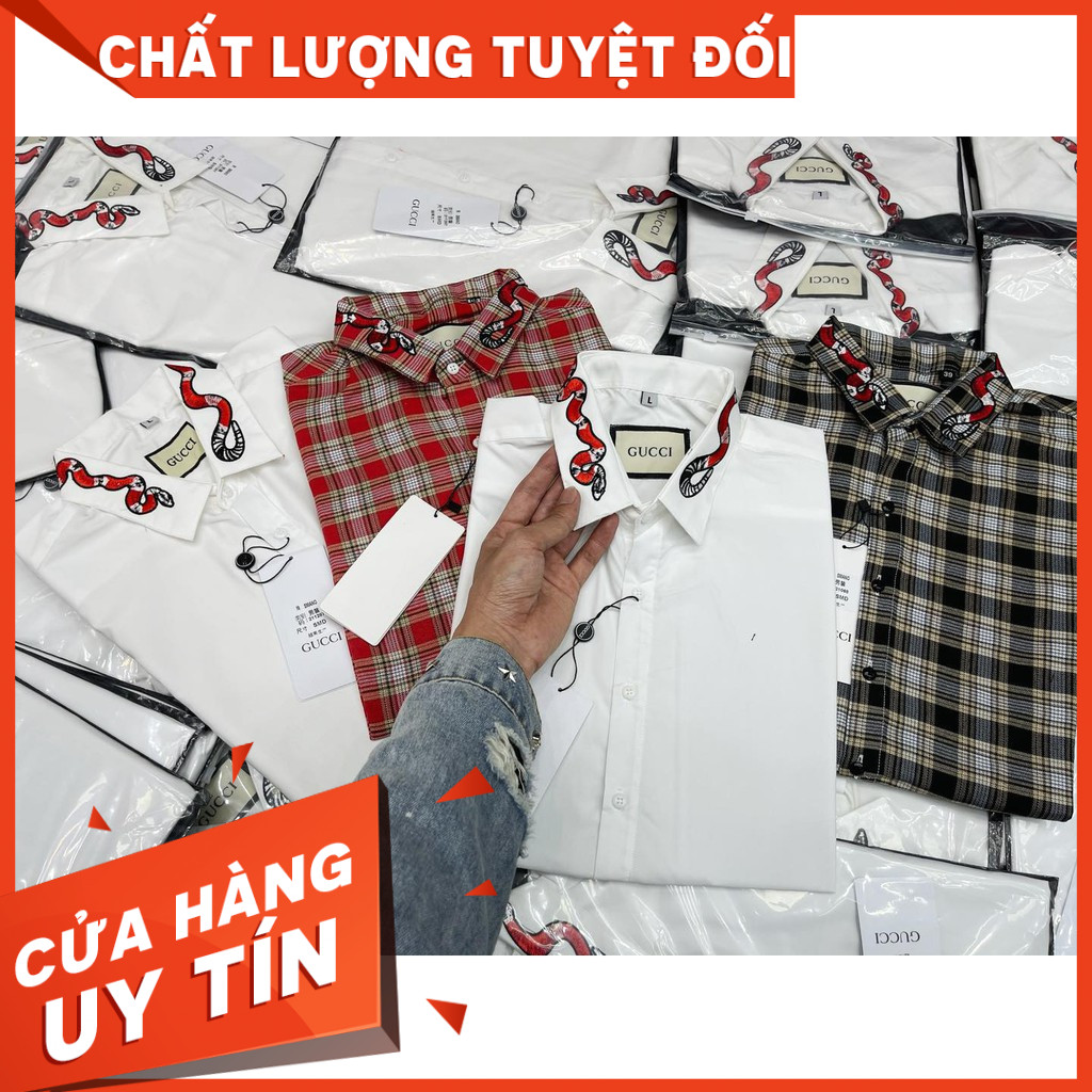 [HOT]Áo sơmi trắng dài tay / ngắn tay GUCCI mẫu rắn viền cổ cực chất soái ca