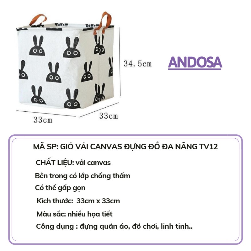 Giỏ đựng quần áo chăn màn đồ dơ túi vải canvas vuông gấp gọn đựng đồ đa năng ANDOSA TV12