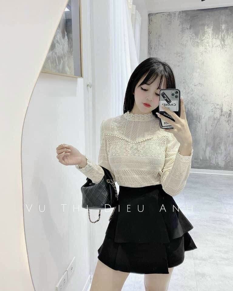 Áo sơ mi ren cổ bèo pha viền hàng đẹp