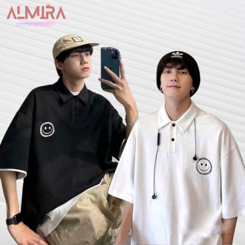 Áo Phông Polo Mặt Cười Form Rộng Tay Lỡ, Áo Thun Có Cổ Unisex