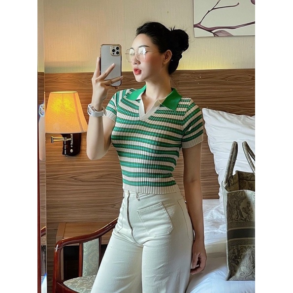 ÁO LEN TĂM XANH KẺ CỔ ĐỨC TAY CỘC DÁNG ÔM CO GIÃN MS11662