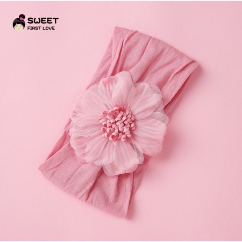 Turban vải bản to đính hoa voan siêu dễ thương cho em bé sơ sinh tới 3 tháng, vải cotton mềm mát