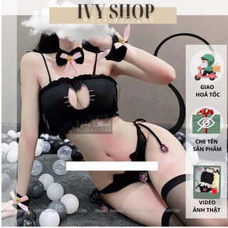 Bộ đồ ngủ cosplay mèo đen trắng sexy, set miêu nữ, bộ bikini mèo dễ thương fullset kèm chuông cổ + cài tóc [lolita chip]