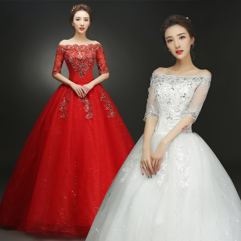 bán trước khuyến mãired wedding dress áo cưới cô dâu 2021 quà tặng người lớn học sinh cấp 2 mới một bên vai Hàn Q