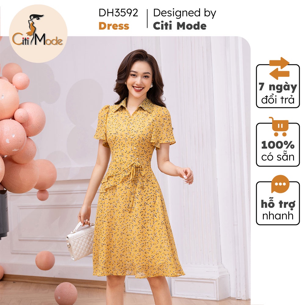Đầm xòe vàng công sở CITI MODE cổ đức chất Voan cao cấp 2 lớp DH3592