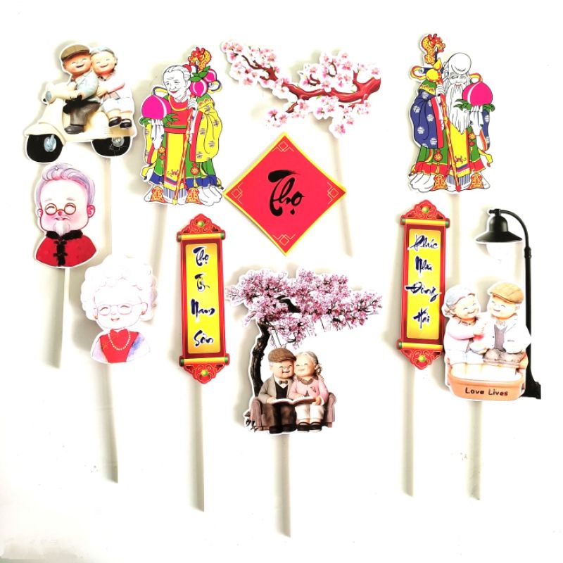 Set cắm giấy ông bà trang trí bánh kem sinh nhật, bánh kem chúc thọ ông bà