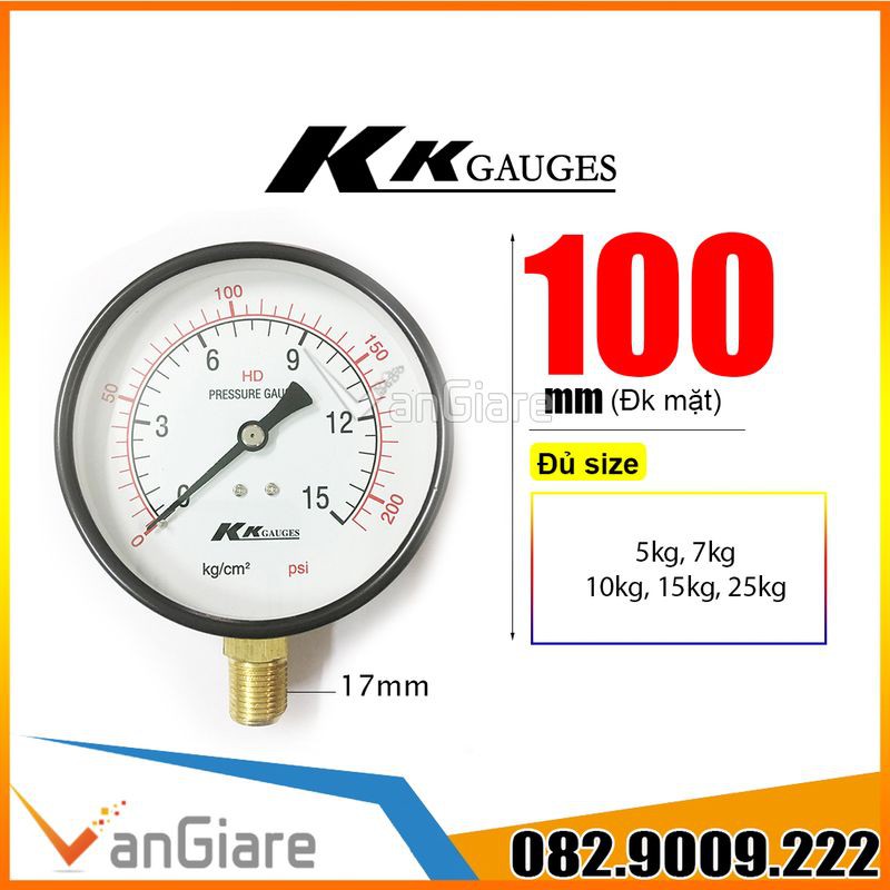 [Đủ size, Hàng đẹp] Đồng hồ đo áp suất nước khí hơi KK gauges mặt 100mm