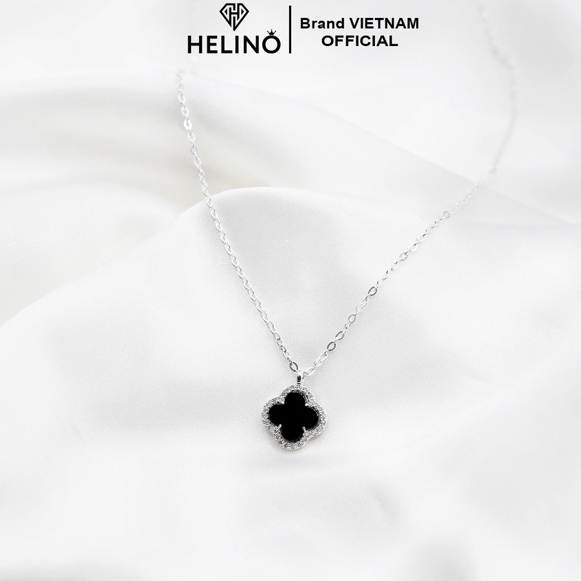 Dây chuyền bạc nữ HELINO, cỏ bốn lá mặt đá đen viền đính đá lấp lánh C14
