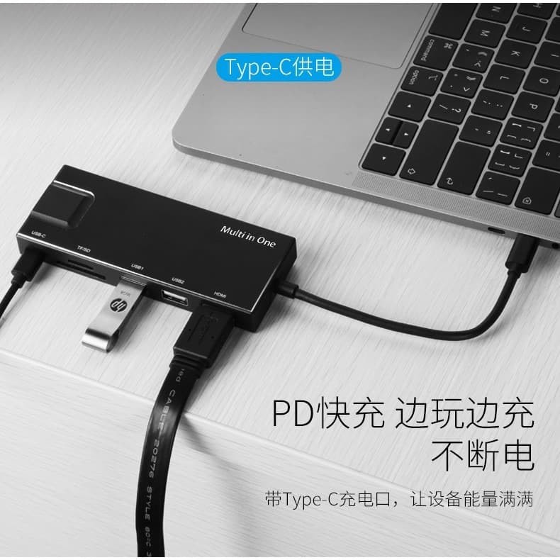 Hub USB Type C 7 in 1 to HDMI, USB 3.0, Lan, đọc thẻ SD/TF Onten 9180 hỗ trợ sạc USB C