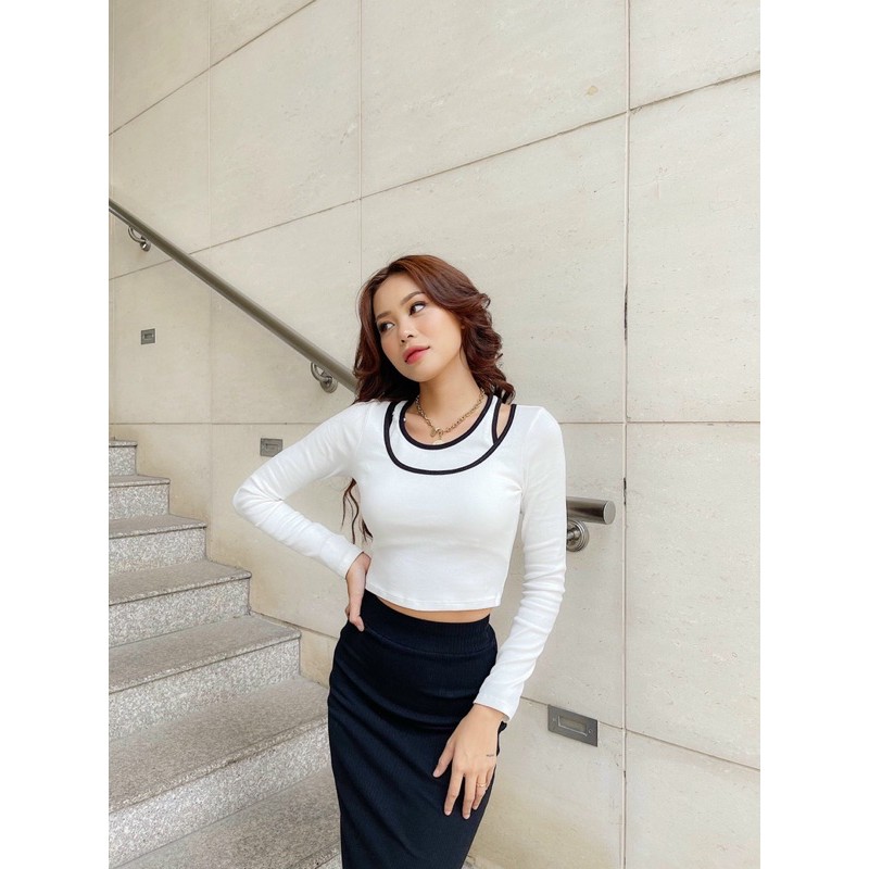 Áo croptop viền màu tay dài