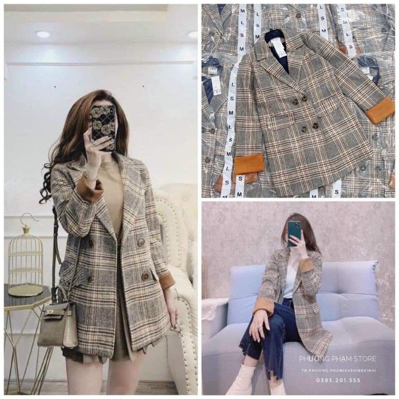 Áo khoác dạ kẻ vest phối màu OMA
