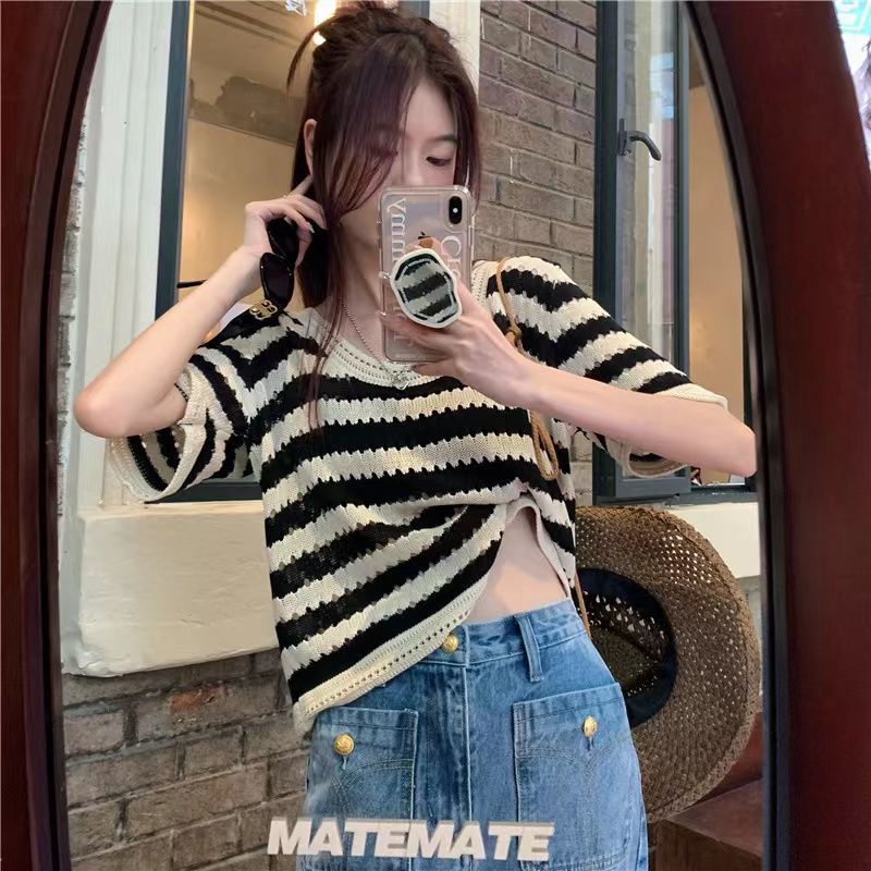 COZOK Áo Thun Tay Ngắn Họa Tiết Kẻ Sọc Phong Cách Vintage Thời Trang Cho Nữ