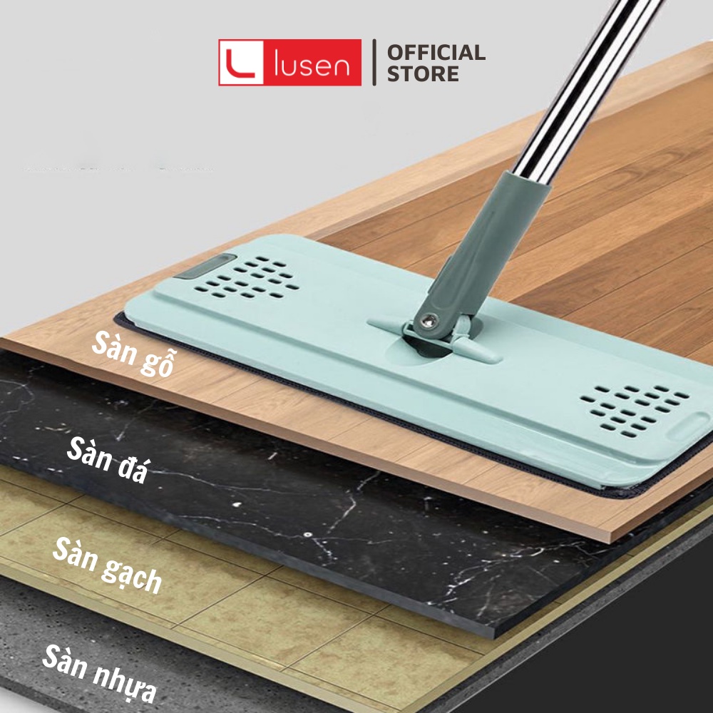 Cây lau nhà Lusen K1 thông minh, Bộ chổi lau sàn 2 ngăn tách nước xoay 360 độ thùng tự vắt. Tặng kèm 2 bông lau