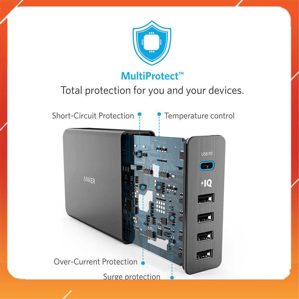 Cóc củ sạc nhanh 60W 4 cổng IQ USB & 1 cổng PD Type-C chính hãng Anker PowerPort +5 (Max 3A / Type-C và 2.4A / USB)