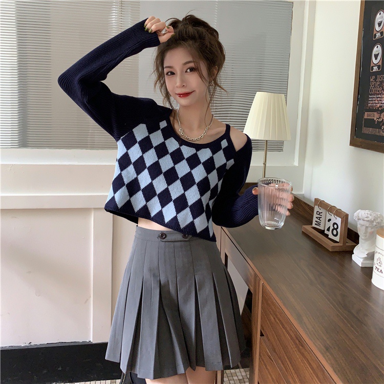 QADCOL Áo dệt kim tay dài dáng ôm họa tiết hình thoi xinh xắn tùy chọn màu sắc cho nữ