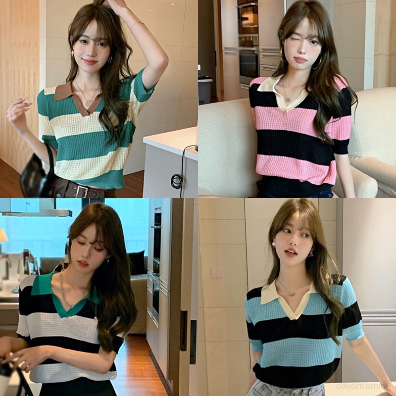 Áo Thun Nữ Dệt Kim Cổ Bẻ Dáng Rộng Phong Cách Hàn Quốc