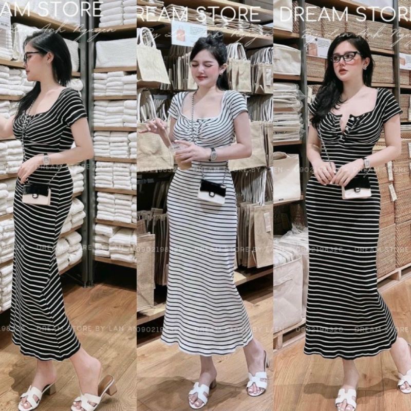 Đầm Thun Kẻ Sọc Ngang Cổ Vuông Nhún Ngực Gài Nút - Tay Ngắn Dáng Dài Maxi - Form Suông Dễ Mặc