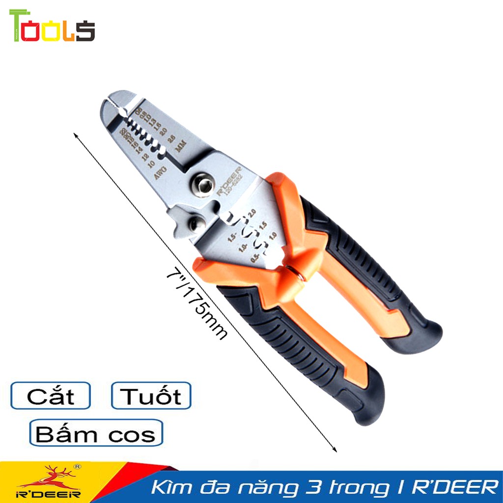 Kìm cắt dây đa năng cao cấp 3 trong 1 R'DEER 120-6282 7inch/175mm (Cắt dây-Tuốt dây-Bấm cos)