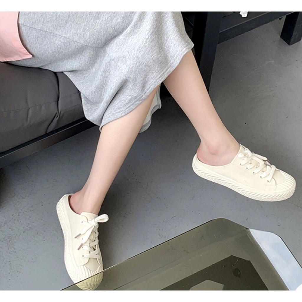 Giày sục thể thao nữ đạp gót màu trắng trơn vải canvas đế độn cao 3cm - LAPA