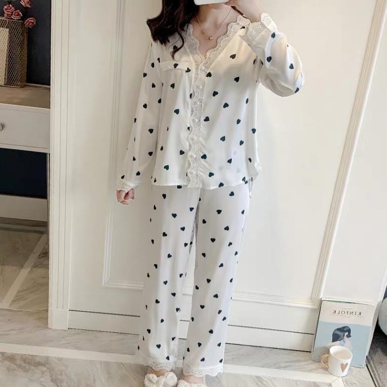 Bộ ngủ lụa Pijama dài tay hoạ tiết trái tim hàng cao cấp