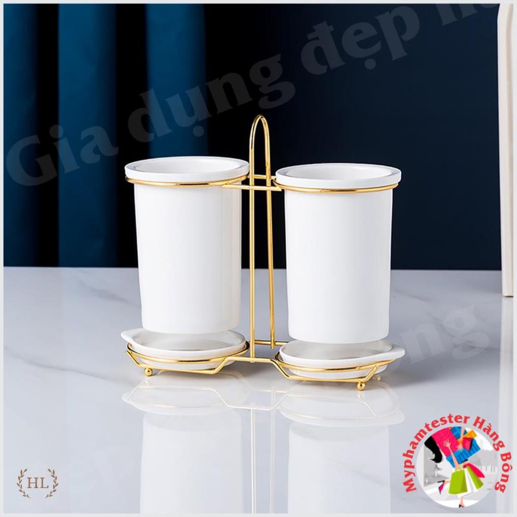 Ống cắm đũa sứ xanh cao cấp | Ống đũa 2 Xanh Ngọc Bích | 2 ỐNG ĐỰNG ĐŨA CHẤT LIỆU SỨ KHUNG KIM LOẠI