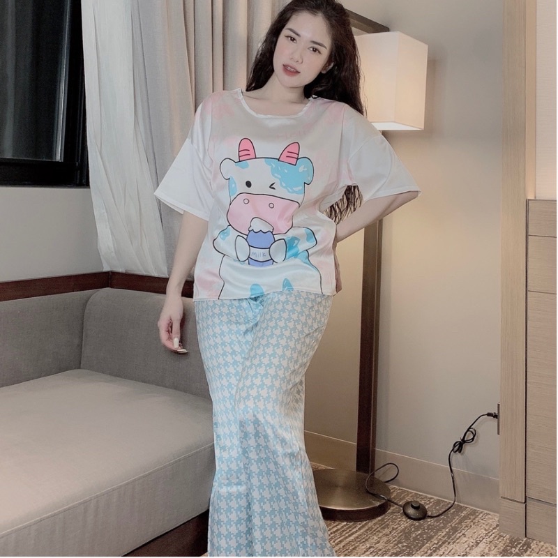 Bộ Pijama, Đồ bộ nữ mặc nhà lụa satin cao cấp mềm mịn hoạ tiết siêu dễ thương